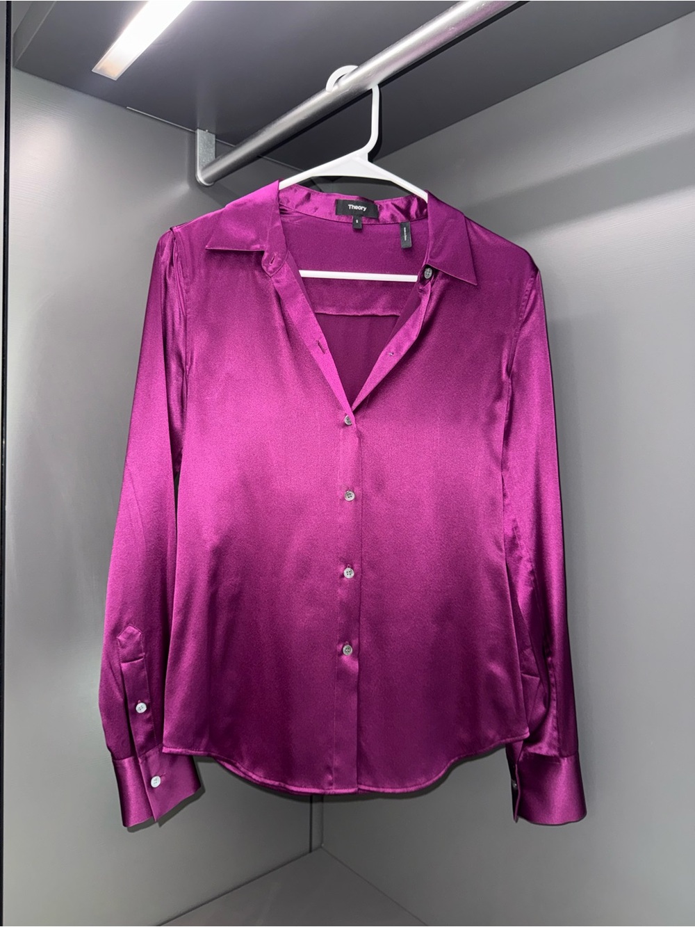 Theory Satin Button-Down Shirt — Fuchsia/Plum